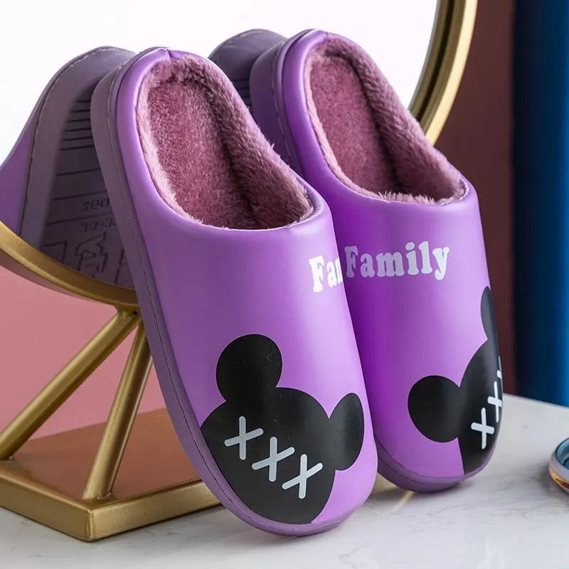 Women Winter Home Slippers PU Waterproof Cartoon Shoes Non-slip Soft Warm Men House Slippers Indoor Bedroom Lovers Couples