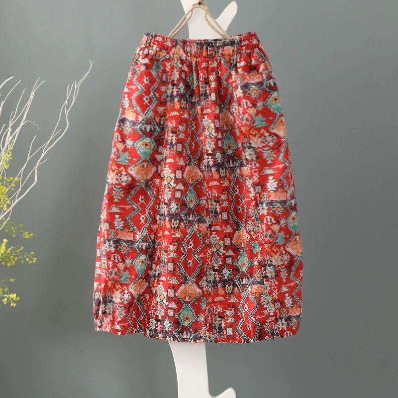 Women Large Size Cotton and Linen A-line Skirt Ethnic Style Printed Short Skirt Knee-length Enthusiasm