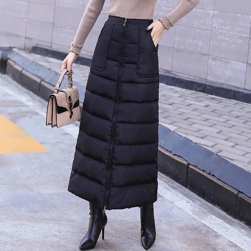 M-5XL Winter Warm Long Skirt Women's Autumn and Winter Thickened Down Cotton Skirt Large Size Zipper Winter Skirt