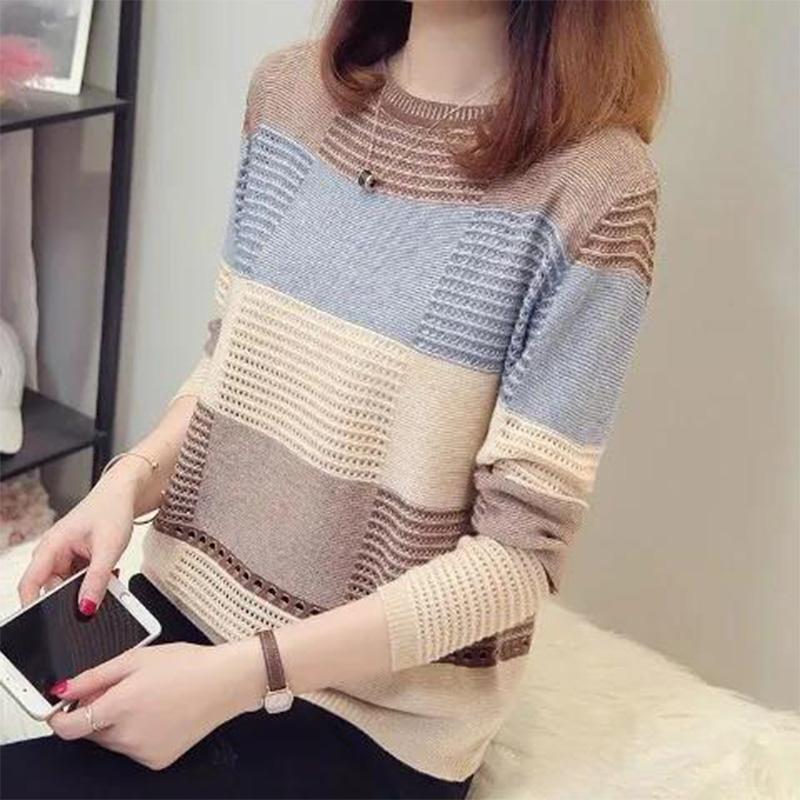 Thin Hollow Knit Sweater Spring Women's Autumn Top Colorblock Loose Striped Long Sleeve Bottoming Short Section