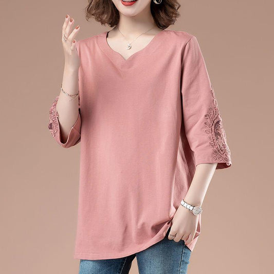 100% Cotton Large Size Three-quarter Sleeve T-shirt Women Loose Fashion Middle-aged Top