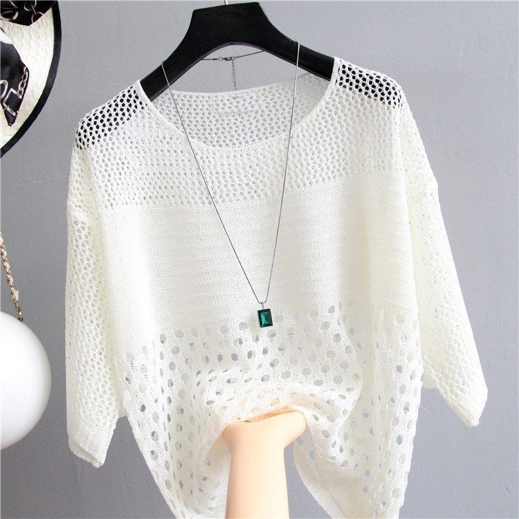 Summer Thin Bottoming Blouse Hollow Top Loose Pullover Knitted Sweater Women's Sunscreen Solid Color Breathable T-shirt