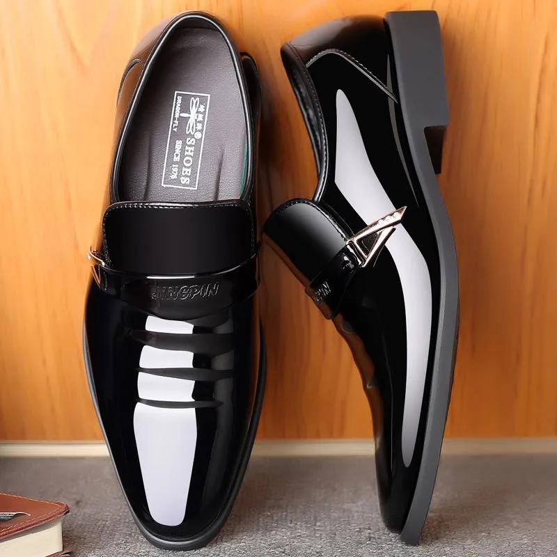 Spring Summer Pointed-toe Glossy Leather Shoes Men's Youth Korean Vintage British Business Formal Wedding Bridegroom Shoes Casual PU Shoes