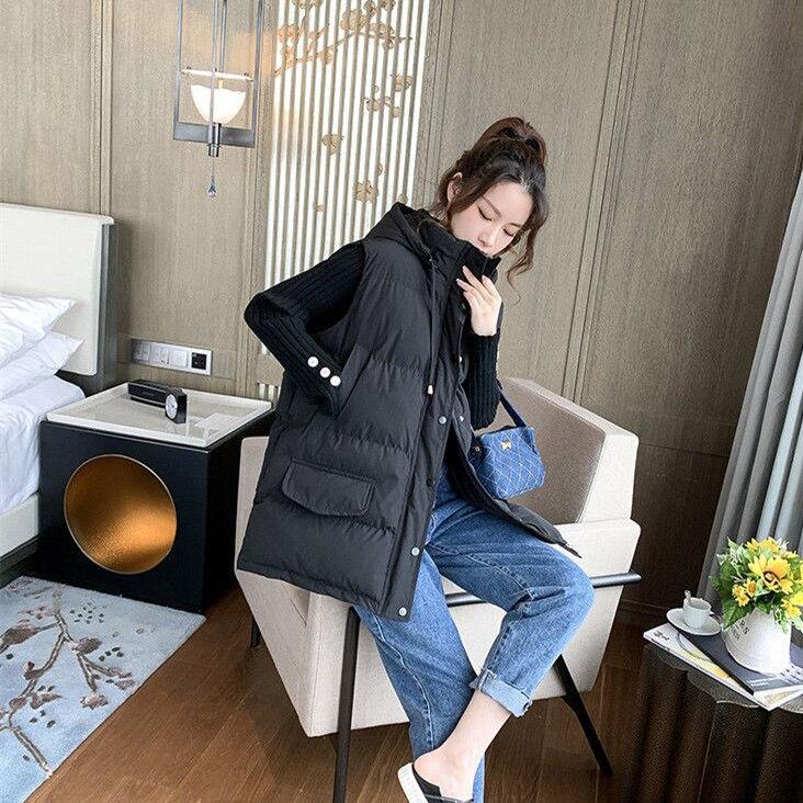 Down Cotton Vest Women Autumn and Winter Short Cotton-padded Jacket Loose Bread Coat Cotton-padded Jacket Vest Jacket Stand-up Collar Hooded