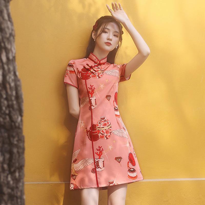 Improved Cheongsam Female Summer Young Girl Can Wear Big Flower Dress National Short