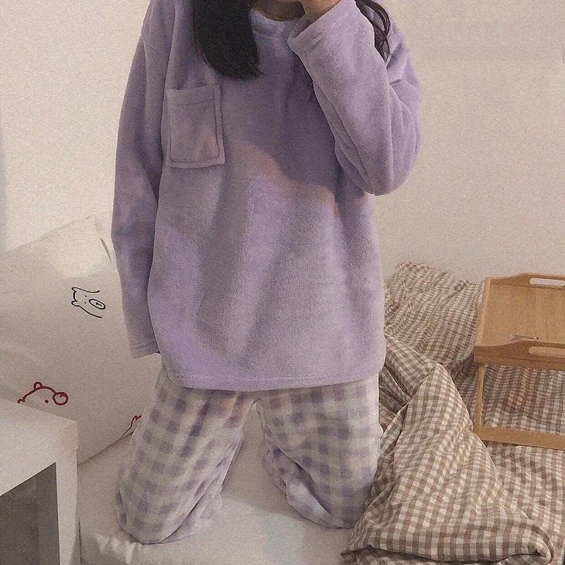 Women's Coral Fleece Pajamas Set Plus Fleece Korean Style Cute Plaid Loose Outer Wear Comfortable Homewear Solid Round Neck Pyjamas Set