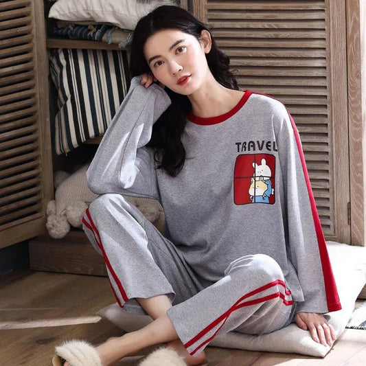 Women Cotton Pajamas Set Spring Autumn Long Sleeve Sleepwear Suit   Cartoon Cute Plus Size Winter Home Wear Casual Loose Pullover O Neck Nightwear