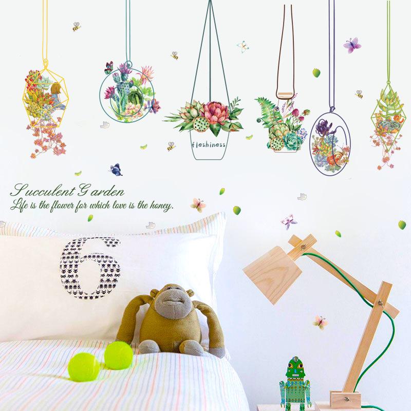 Succulent flower basket cartoon wall sticker TV sofa background decoration removable wall stickers