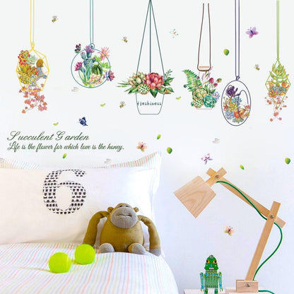 Succulent flower basket cartoon wall sticker TV sofa background decoration removable wall stickers