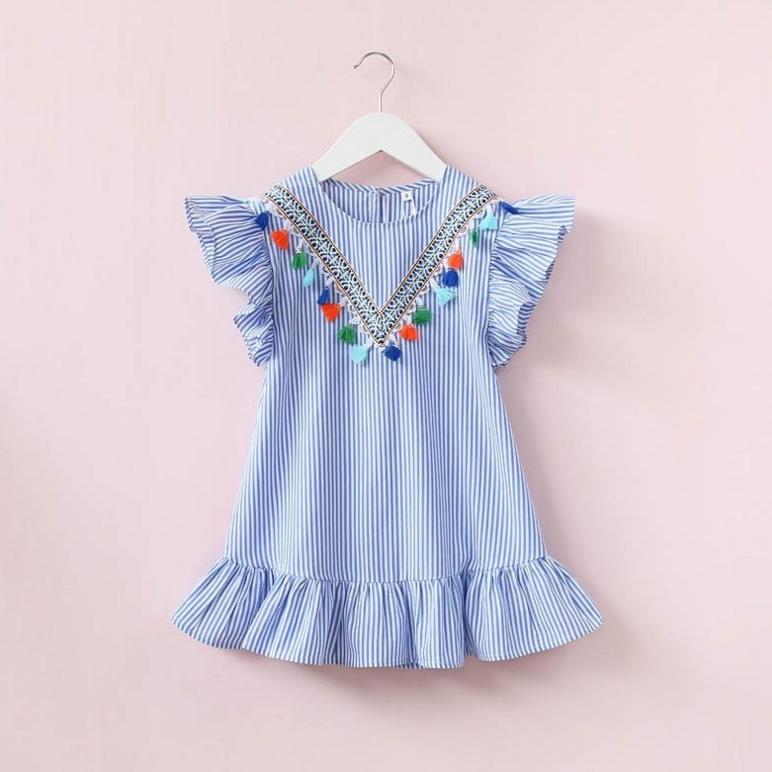 Girls' Summer Girls' Neckline Tassel Vertical Stripe Ruffle Dress National Style Pleated Girls' Dress