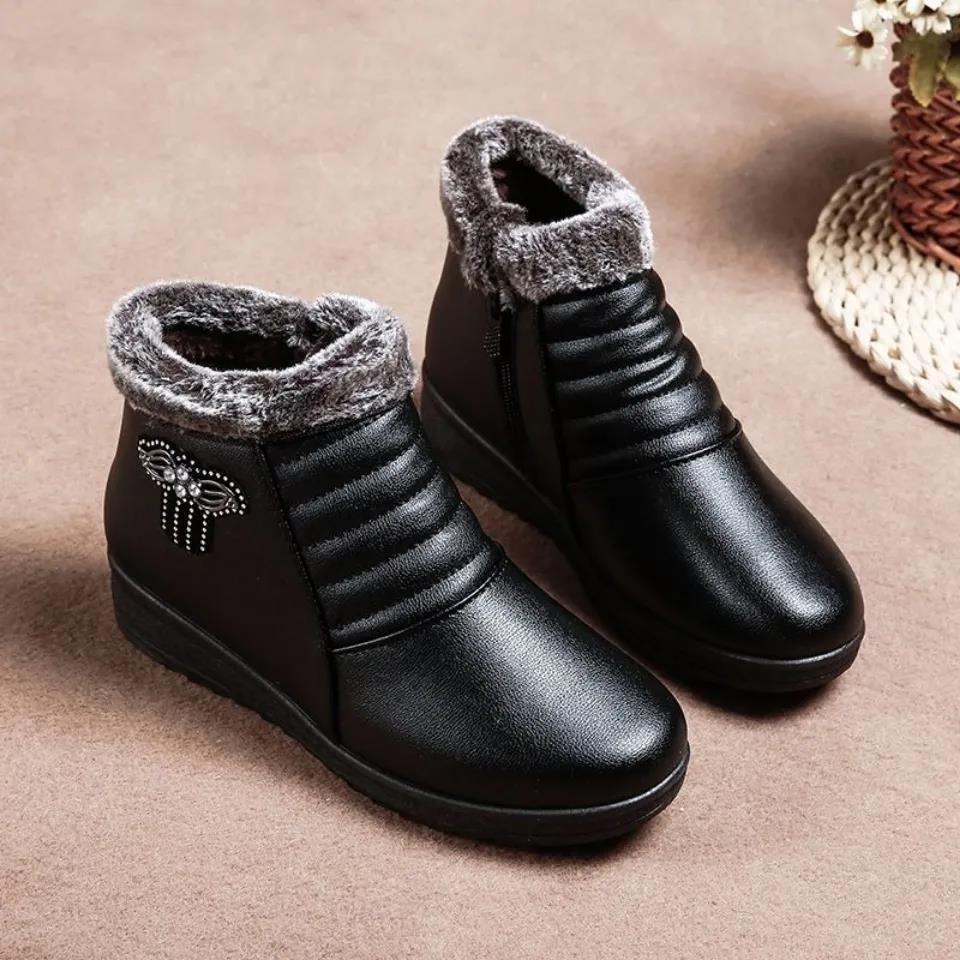 Plus Fleece Autumn and Winter Warm Short-tube Cotton Boots Waterproof Non-slip Thick-soled Women's Cotton Shoes