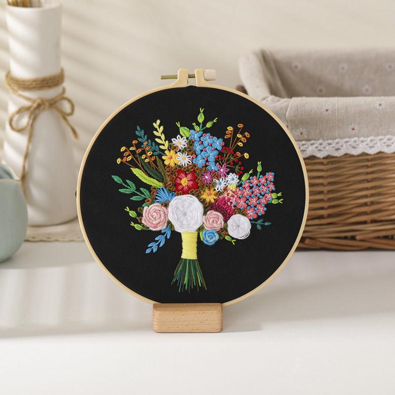 Floral Hand Cross Stitch Embroidery Cloth Starter Kits Needlepoint Color Threads Bamboo Hoop DIY