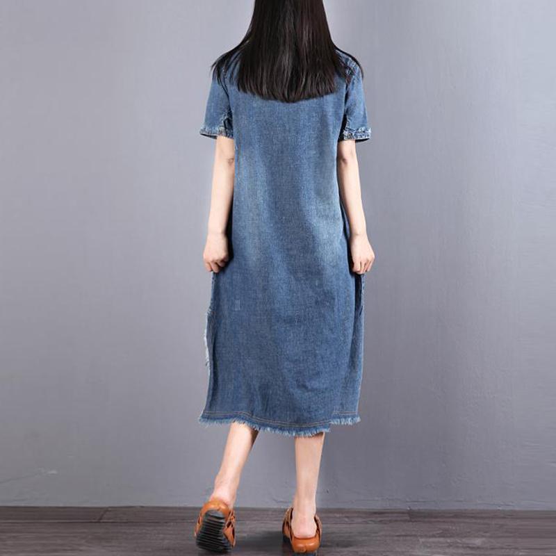 Denim Dress Short-sleeved Temperament Dress Summer Loose Mid-length Round Neck Plus Size Denim Skirt Women