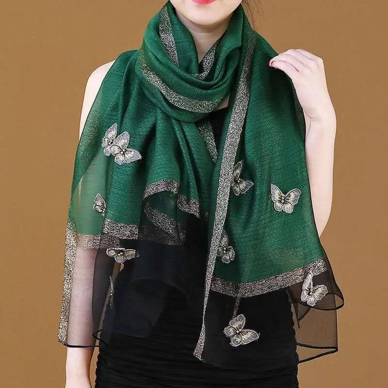 Women's Silk Scarf Mulberry Silk Scarves Autumn Winter Warm Butterfly Embroidery Shawl Long Mother Scarf Female Neck Collar Wrap Shawl Neckerchief