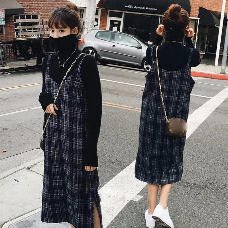 Suit Women Retro Plaid Suspender Skirt Sweater Long Over-the-knee Woolen Strap Dress Simple Retro Warm Sweater Dress