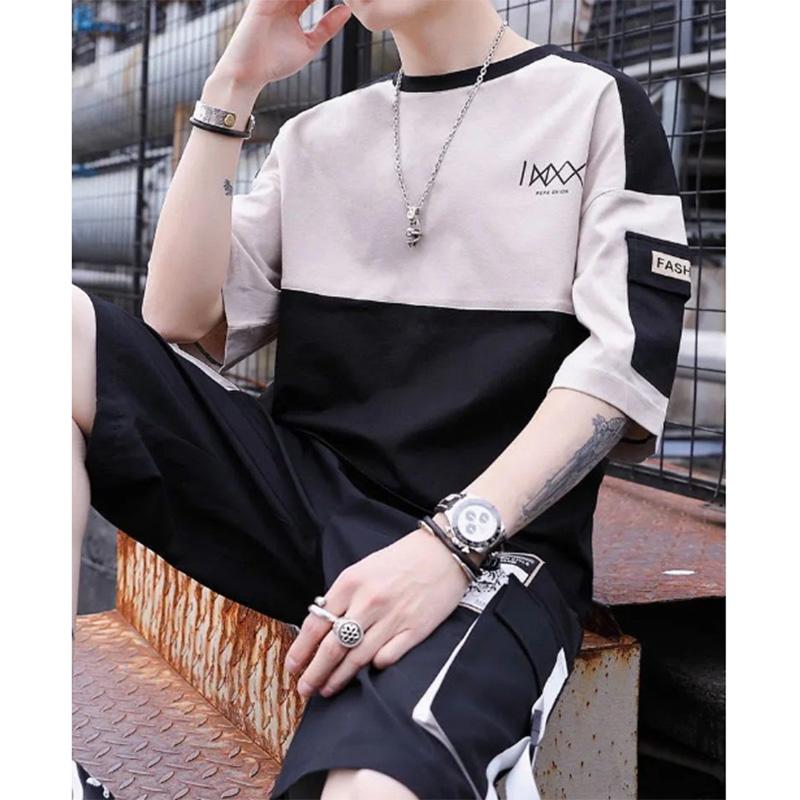 Men's Short-sleeved Suit Summer Handsome Stitching Trend Sports and Leisure Tooling Short-sleeved Shorts Set