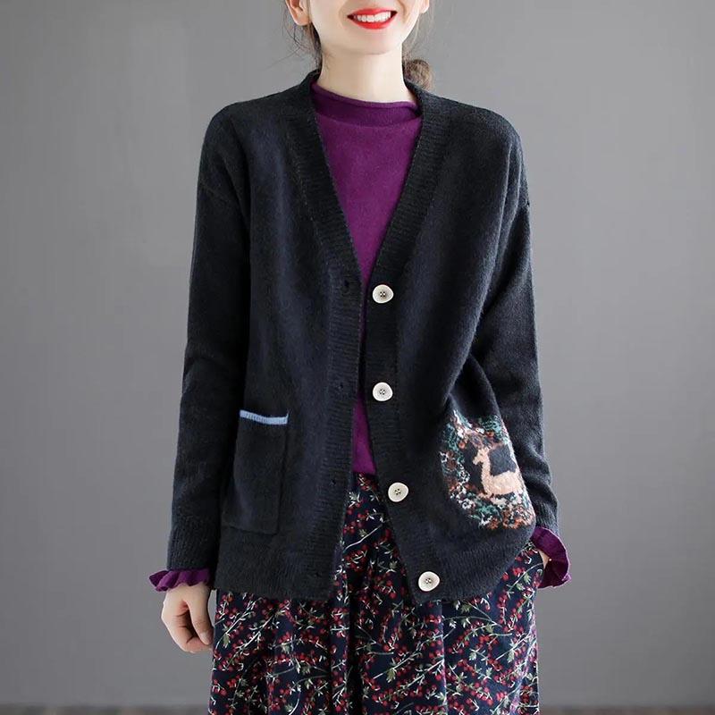 Vintage Cardigan Short Ladies Sweater Spring Loose Jacquard Knit Long Sleeve Jacket