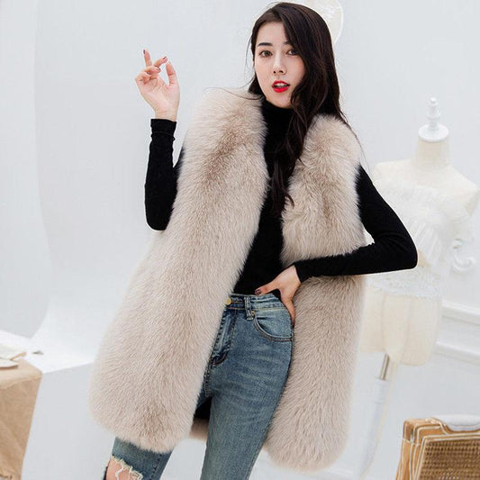 Autumn  Winter Sleeveless Warm All-match Faux Fur Waistcoat Vest Women's Jacket Imitation Fox Fur Mid-length Fur Vest Thickening