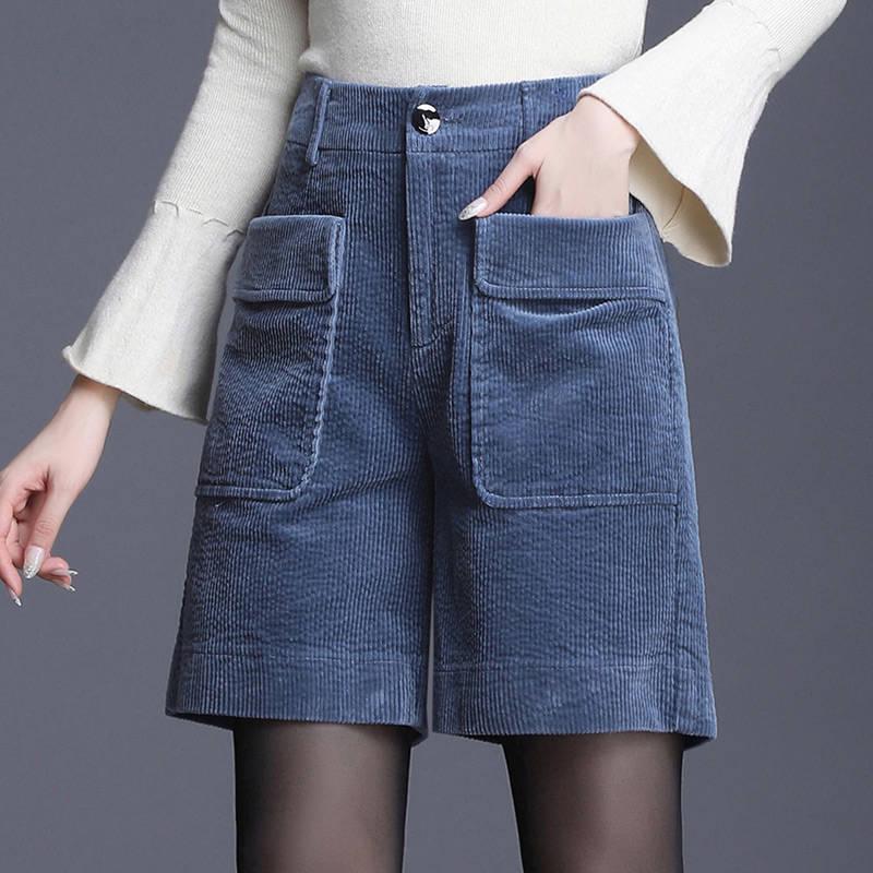 Corduroy Shorts Women High-waisted A-Line Wide Leg Shorts Female Outwear Boots Shorts