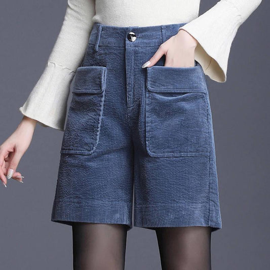 Corduroy Shorts Women High-waisted A-Line Wide Leg Shorts Female Outwear Boots Shorts