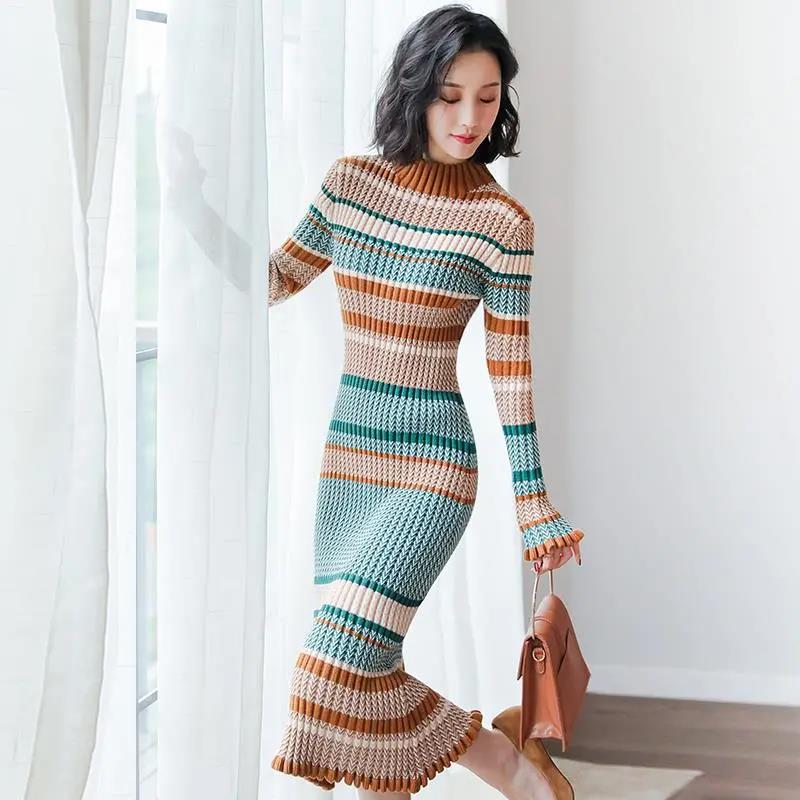 Mid-length Knitted Dress French Retro Dress Bottoming Turtleneck Sweater Dress Over The Knee 2021 Autumn and Winter Women