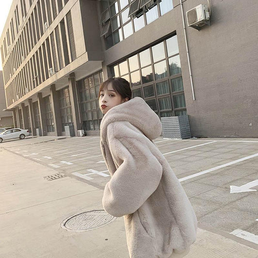 Autumn and Winter Loose Plush Faux Rabbit Fur Faux Fur Mid-length Thick Hooded Jacket Women