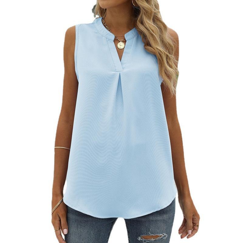 European and American Shirt Women's Spring and Summer Solid Color Chiffon Shirt Loose V-neck Pullover Sleeveless Top Vest