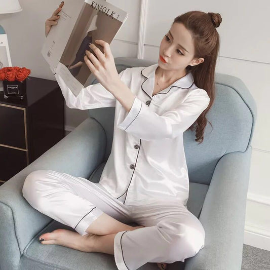 Imitated Silk Long-sleeved Trousers Women's Pajamas Sexy Korean Version Plus Fat Home Service Suit