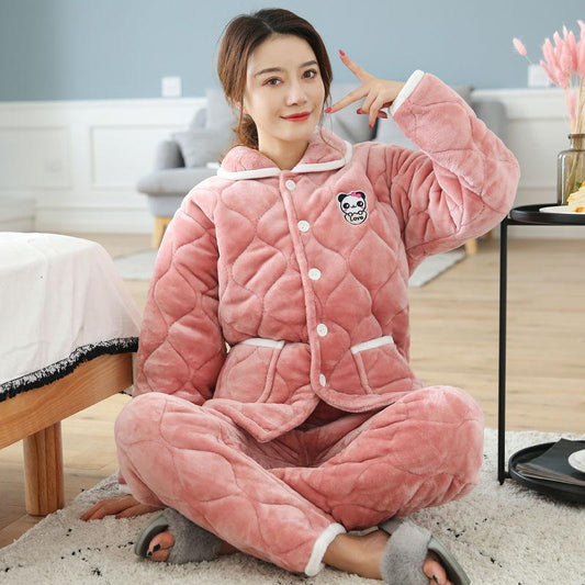 Pajamas Women's Winter Three-layer Thickened Flannel Cute Can Be Worn Outside with Large-size Warm Quilted Home Clothes Soft and Warm