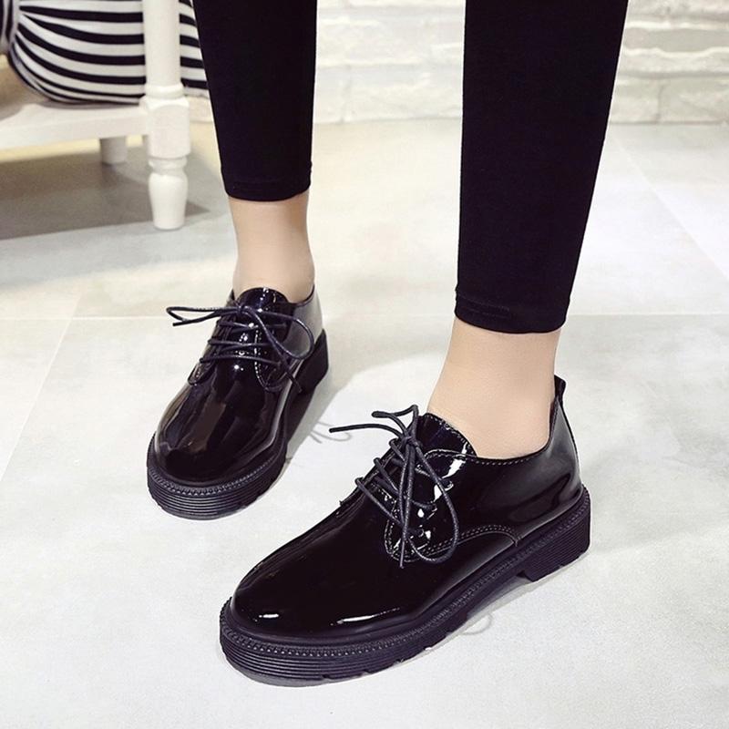 Small Leather Shoes Women's Patent Leather Thick Heel Lace-up Vintage British Round Toe Mid-heel Shoes Light and Soft