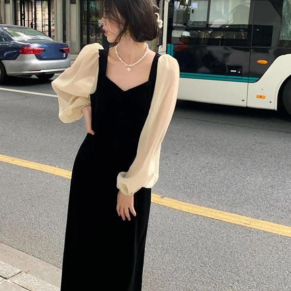 Women's Autumn and Winter Long Velvet Dress Female Vintage Elegant Long Sleeve Slim Party Dress