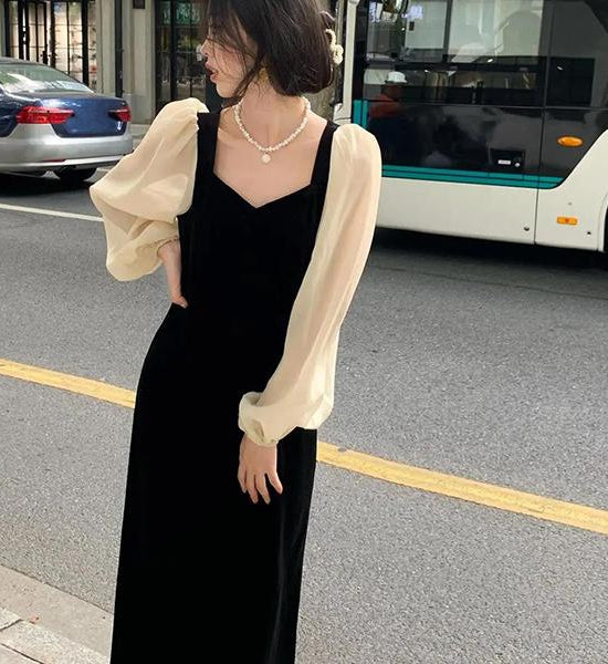 Women's Autumn and Winter Long Velvet Dress Female Vintage Elegant Long Sleeve Slim Party Dress