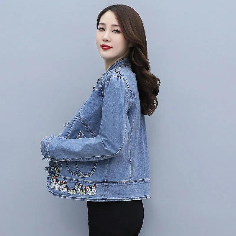 Spring and Autumn Denim Jacket Women's Short All-match Retro Chinese Style Embroidered Stretch Jacket Slim Top Trendy