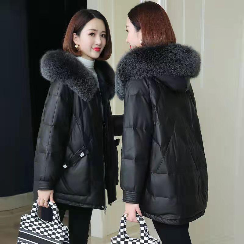 Winter Pu Leather Down Cotton Jacket Women Short Imitation Sheep Leather Fur Coat Imitation Fox Fur Collar Hooded Jacket