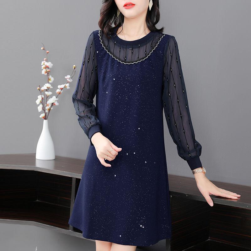 Women Black Blue Dress Solid Color Sequins Tulle Long Sleeve O-neck Spring and Autumn Large Size Loose Knee-length Size L-XXXXXL