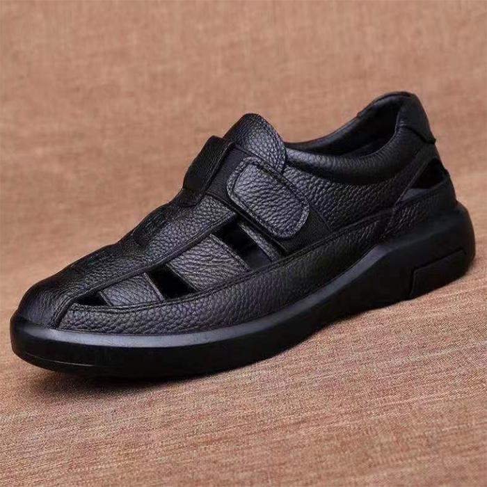 Summer Men's Sandals All-match Soft Bottom Soft Leather Non-slip Breathable Toe Cap Roman Sandals Hollow Velcro Sandals