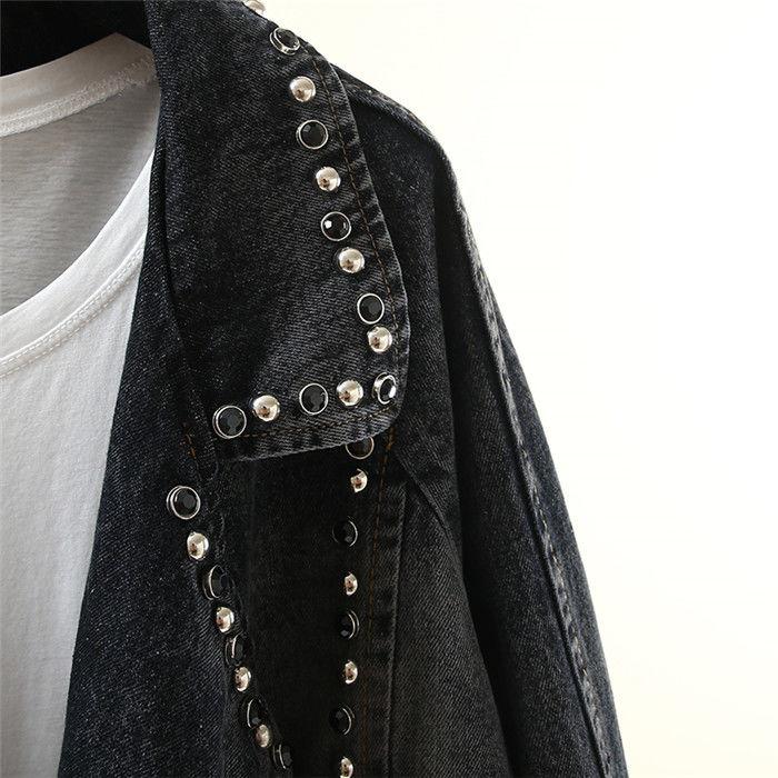 Spring and Autumn Korean Version Loose Large Size Student Beading Retro Motorcycle Denim Jacket Female Jacket