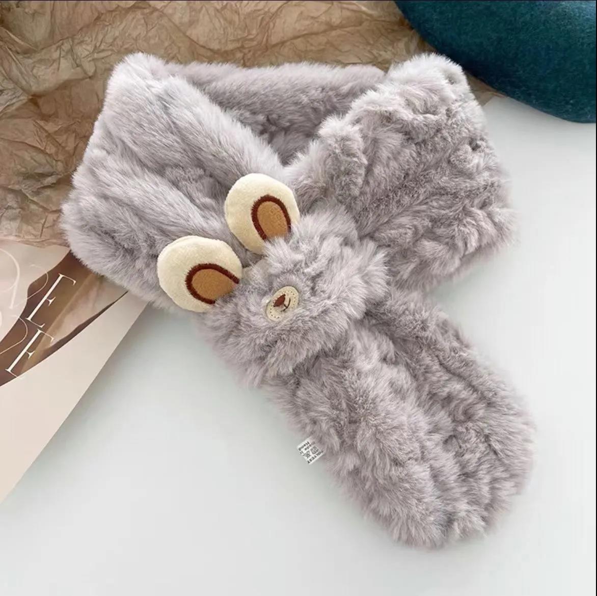 Winter Cartoon Plush Scarf Cute Bear Ears Imitation Rex Rabbit Fur Collar Thick Warm Scarf