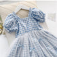 Girls Summer Children's Checkered Net Gauze Dress Little Girl Puff Sleeve Pleated Dress