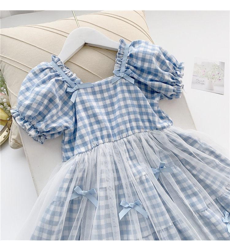 Girls Summer Children's Checkered Net Gauze Dress Little Girl Puff Sleeve Pleated Dress