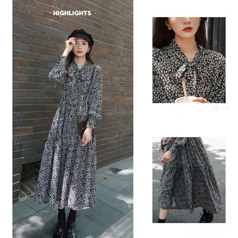 Spring and Autumn French Retro Floral Ladies Bottoming Dress Long Dress Fashion Korean Version Loose and Thin Hepburn Printed Women's Long Dress