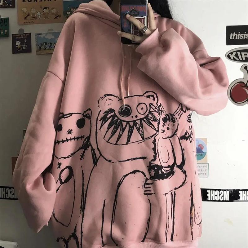 Hooded Sweatshirts Cartoon Printed Oversized Loose Harajuku Hoodies Women Winter Fleece Clothes Streetwear Hip Hop Pullover Tops Plus Size Sportshirts