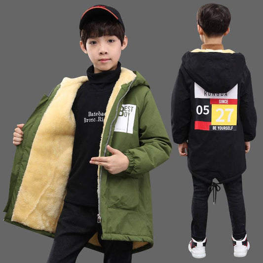 Children's Clothing Children's Fleece Coat Winter Letter Print Warm Jacket Boys Cotton Hooded Jacket