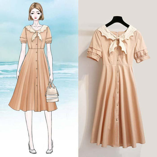 Pofulove Women Retro Doll Collar Dress Student Short Sleeve Short A-line Sun-dresses Beach Skirt