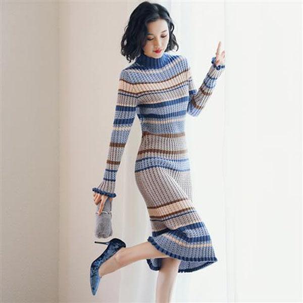 Autumn and Winter Long Knitted Dress French Retro Dress High Neck Over The Knee Women Sweater Dress