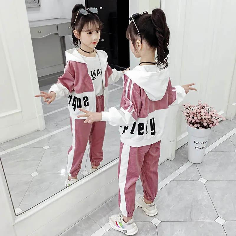 Girls Spring and Autumn Clothing Children Fashion and Comfortable Clothing Long-sleeved Hooded Zipper Jacket Warehouse Leisure Sports Two-piece