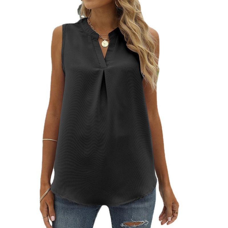 European and American Shirt Women's Spring and Summer Solid Color Chiffon Shirt Loose V-neck Pullover Sleeveless Top Vest