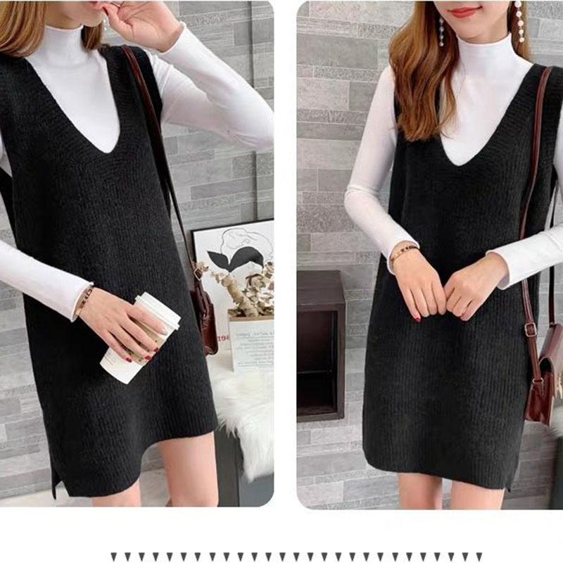 Autumn and Winter Long Knitted Sweater Loose V-neck Versatile Dress Casual Solid Color Women's Vest Dress