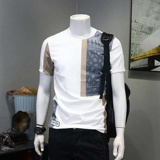 Splicing Retro Men's Tide Brand Short-sleeved T-shirt Slim Round Neck Asymmetric Personality Clothes