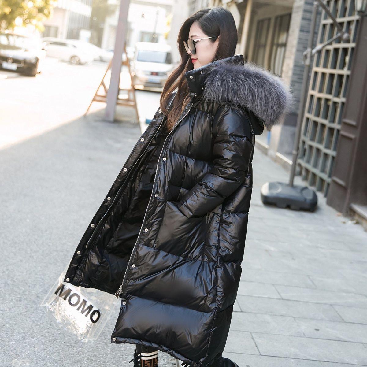 Down Jacket Women Winter Bright Face Loose White Duck Down Large Fur Collar Mid-length Warm Jacket